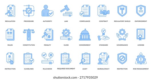 Conjunto de iconos de regulación. Contiene Procedimientos, Autoridad, Ley, Cumplimiento, Reglas, Iconos De La Constitución. Estilo azul lineal