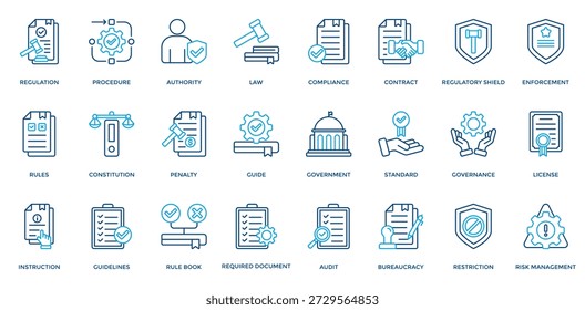 Conjunto de ícones de regulamento. Contendo Ícones de Procedimento, Autoridade, Lei, Conformidade, Regras e Constituição. Estilo de Cor do Contorno
