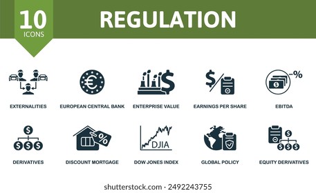 Regulation icon set. Externalities, European Central, Enterprise Value, Earnings Per Share, Ebitda, Derivatives, Discount Mortgage, Dow Jones Index, Global Policy, Equity Derivatives icons.