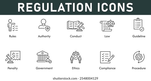 Regulamento Icons ilustração vetorial com linha fina editável traço contém regras autoridade procedimento conformidade ética governo sanção diretriz lei conduta