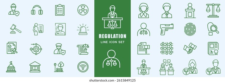 Regulation Icons vector illustration with thin line editable stroke contains rules authority procedure compliance ethics government penalty guideline law conduct