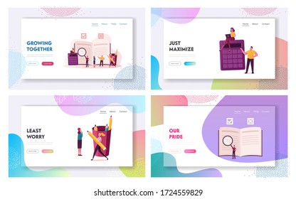 Regulation Landing Page Template Set. Tiny Characters Write Rules in Checklist with Law Information. Society Guidelines, Strategy for Company Order and Restrictions. Cartoon People Vector Illustration