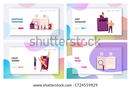 Regulation Landing Page Template Set. Tiny Characters Write Rules in Checklist with Law Information. Society Guidelines, Strategy for Company Order and Restrictions. Cartoon People Vector Illustration