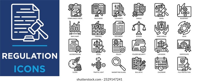 regulación, ley, negocio, legal, gestión, concepto conjunto de iconos. Colección de iconos de contorno. Ilustración vectorial simple	