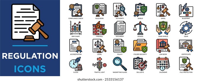 regulation, law, business, legal, management, concept icon set. Outline icons collection. Simple vector illustration	