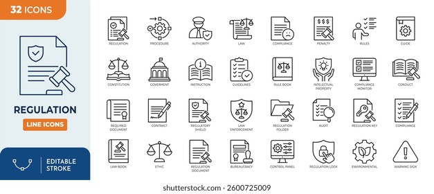Regulation line editable icon set. Containing rules, authority, conduct, law, guideline, penalty, government, ethics, compliance, procedure, and more. Vector illustration