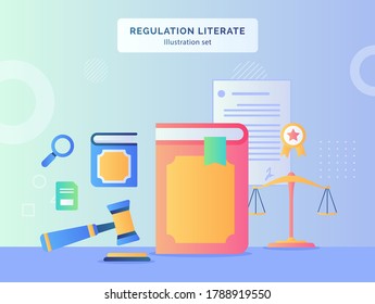 Regulation literate illustration set book hammer background of scale certified ribbon document contract with flat style.