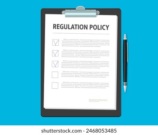 Regulation policy document. Vector company law regulation procedure paper outlining guideline for compliance and enforcement in various sectors, ensuring accountability, safety and standards adherence