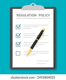 Regulation policy guideline document with law compliance and legal rules, vector icon, Regulation policy document with check mark ticks and pen, corporate guideline and business agreement checklist