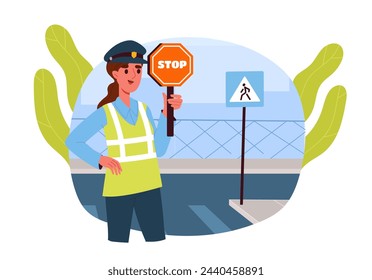 Regulación del concepto de carretera. Mujer con señal de tráfico en la autopista. Seguridad y protección en las calles urbanas. Mujer policía cerca del paso peatonal. Ilustración plana del vector de la historieta aislada sobre fondo blanco