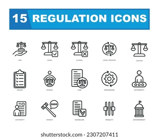 The regulation simple concept icons set consists of a collection of minimalistic and easily understandable icons representing various aspects of regulations and compliance.