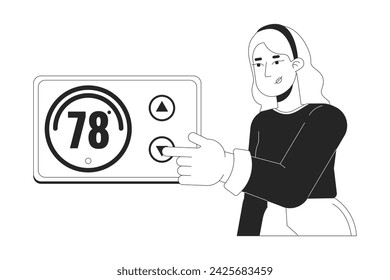 Regulation thermostat black and white cartoon flat illustration. Saving energy 2D lineart character isolated. Reduce electricity usage. Room temperature changing monochrome scene vector outline image