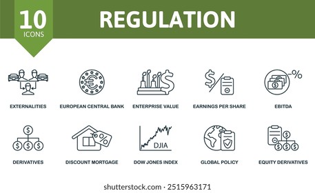 Regulation thin line icon set. Externalities, European Central, Enterprise Value, Earnings Per Share, Ebitda, Derivatives, Discount Mortgage, Dow Jones Index, Global Policy, Equity Derivatives icons.