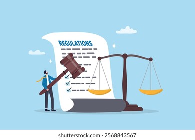 Regulations, law or rules, authority, legislation or government lawsuit, legal document justice or courthouse, verdict or punishment concept, businessman hold gavel with scale and regulation document.