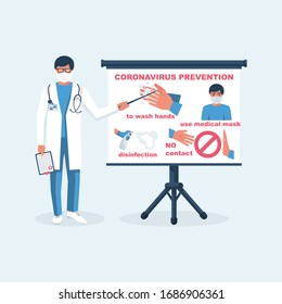 Regulations prevention coronavirus. Personal hygiene infographics, instructions from the doctor. Disinfection hand washing distance between people and medical mask. Vector illustration flat design.