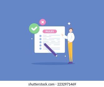 regulations or rules. a businessman explains about the rules in a company. everything that must be obeyed and carried out. illustration concept design. vector elements