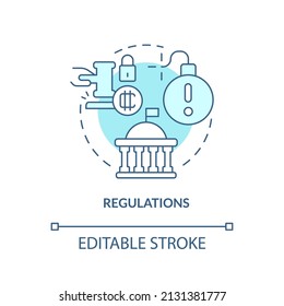 Reglementiert das türkisfarbene Konzeptsymbol. Crypto-Währung Schwachpunkt abstrakte Idee dünne Linie Illustration. Staatliche Rechtsvorschriften. Einzeln Umrisszeichnung. Bearbeitbarer Strich. Arial, Myriad Pro Fett Schriftarten verwendet