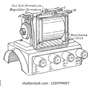 Regulator is heinze Springfield current regulator and battery cut out, vintage line drawing or engraving illustration.