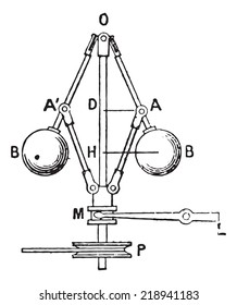 Regler Watts oder Zentrifugalregler, vintage gravierte Abbildung. Wörterbuch der Worte und Dinge - Larive und Fleury - 1895.