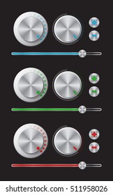 Regulators set Glowing metal knobs Set of switches Digital switch icon Digital controller Slider control Vector