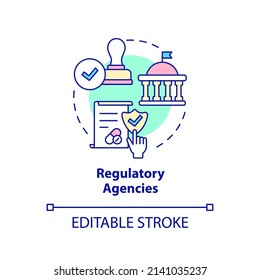 Regulatory agencies concept icon. Safety of clinical trials guaranty abstract idea thin line illustration. Isolated outline drawing. Editable stroke. Arial, Myriad Pro-Bold fonts used