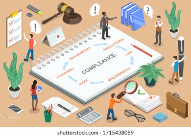 Regulatory Compliance 3D Flat Isometric Vector Concept. Business People Are Discussing Steps to Comply With Relevant Laws, Policies, and Regulations.