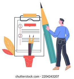 Regulatory compliance, business goals and planning concept, flat vector illustration isolated on white background. Business standards and targets idea with man in front of checklist.