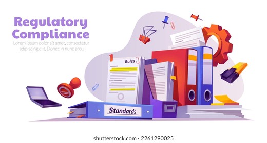 Regulatory compliance, business policies and company rules. Legal guidelines and standards banner with paper documents and folders, vector cartoon illustration