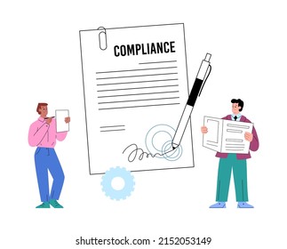 Regulatory compliance and company policy of corporate ethical rules, flat vector illustration isolated on white background. Business people near compliance document.