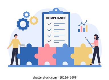 Regulatory Compliance Concept. Business People Read Laws, Discuss Changes, Plan The Implementation Of Rules And The Development Of The Company. Flat Vector Illustration Isolated On White Background