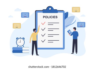 Regulatory compliance concept. Business people, leaders create and edit rules for making decisions and achieving the long-term goals of the organization. Flat vector illustration on white background