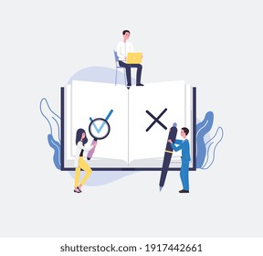 Regulatory compliance concept with business people characters leaving wrong and right marks in document, flat vector illustration isolated on blue background.