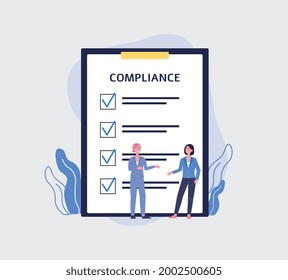 Regulatory Compliance Concept. Business Women Create, Read Or Discussing List Of Corporate Office Laws, Policy And Regulations Rules. Flat Vector Illustration