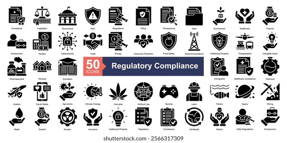 Regulatory Compliance Icon Collection Set.Containing compliance, legislation, governance, risk, policy icon. Simple glyph style Vector Illustration.	