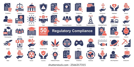 Regulatory Compliance Icon Collection Set.Containing compliance, legislation, governance, risk, policy icon. Simple dual tone style Vector Illustration.	