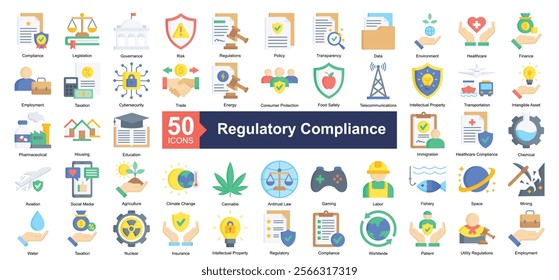 Regulatory Compliance Icon Collection Set.Containing compliance, legislation, governance, risk, policy icon. Simple flat style Vector Illustration.	