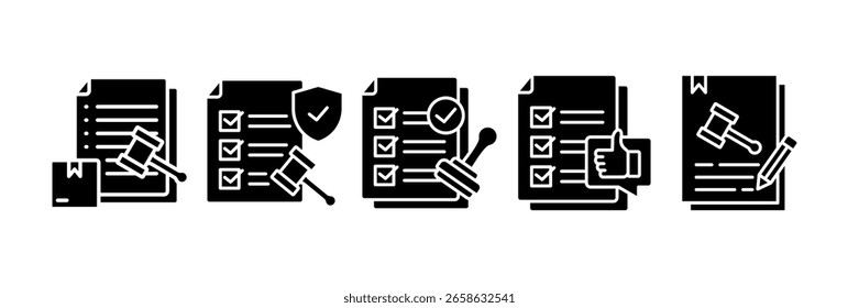 Conjunto de ícones de conformidade normativa, contendo verificação do projeto, feedback de conformidade, contrato