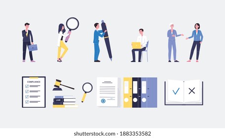 Regulatory Compliance Icons. Characters People Create, Read Or Discussing Of Lists Laws, Rules, Policy And Regulations. Flat Vector Illustrations.