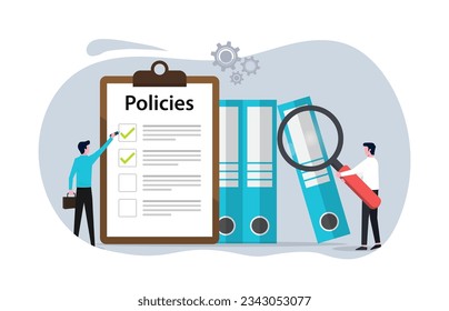 Regulatory compliance rules concept for office employees to achieve business goals. Moral standards and productivity. Policies list board company with check list. 