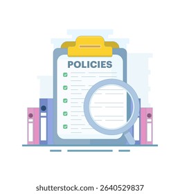 Regulatory compliance rules concept for office employees to achieve business goals, moral and productivity standards, company policies with checklist. Flat vector illustration.