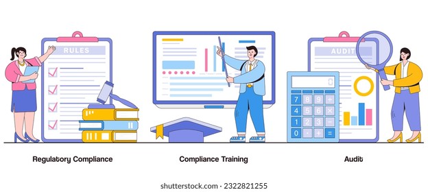 Cumplimiento de normas, capacitación en cumplimiento de normas, concepto de auditoría con carácter. Juego de Ilustración de Vectores Resumen de Gobernanza Corporativa. Adhesión Reglamentaria, Formación Normativa, Metáfora De Seguimiento De Auditoría.