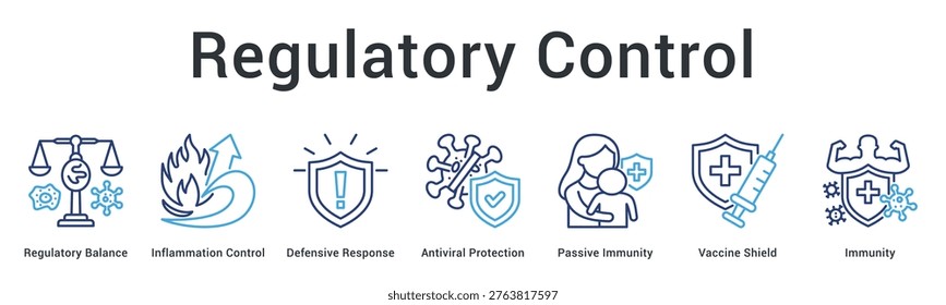 Regulatory control banner web icon balances immune responses managing inflammation and providing passive protection mechanisms.