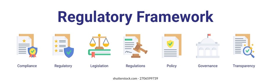 Web de Anuncio Concepto de Ilustración vectorial de íconos que presenta Cumplimiento, Regulación, Legislación, Regulación, Política, Gobernanza y Transparencia en un conjunto de colecciones.