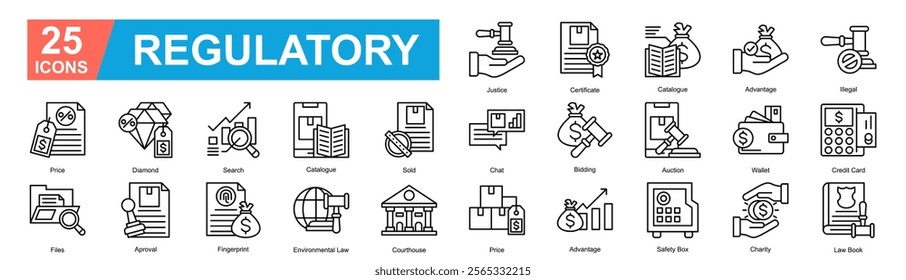 Regulatory Icon Sheet Price, Diamond, Search, Catalogue, Sold, Chat, Bidding, Auction, Wallet, Credit Card, Files, Aproval, Fingerprint, Environmental Law, Courthouse, Price, Advantage, Safety Box, Ch