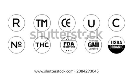 Regulatory Icons Set Includes R, TM, CE, U, C, NO, THC, FDA, USDA Approved symbols for compliance and credibility.