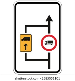 Regulatory road sign guiding trucks along mandatory path while prohibiting their entry in a specific direction, ensuring traffic flow and safety.