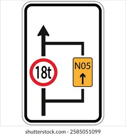 Regulatory road sign indicating detour for vehicles exceeding 18 tons.