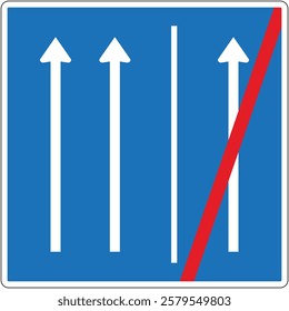 Regulatory road sign indicating a lane closure merging traffic, featuring white arrows on a blue background and a diagonal red stripe.