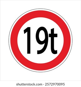 Regulatory road sign indicating a weight limit of 19 tons for vehicles.