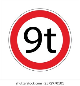 Regulatory road sign indicating a weight limit for vehicles, prohibiting passage to those exceeding 9 tons.